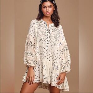 Free People Shibori Ivory Print Long Sleeve Button-Up Tunic Boho Festival XS